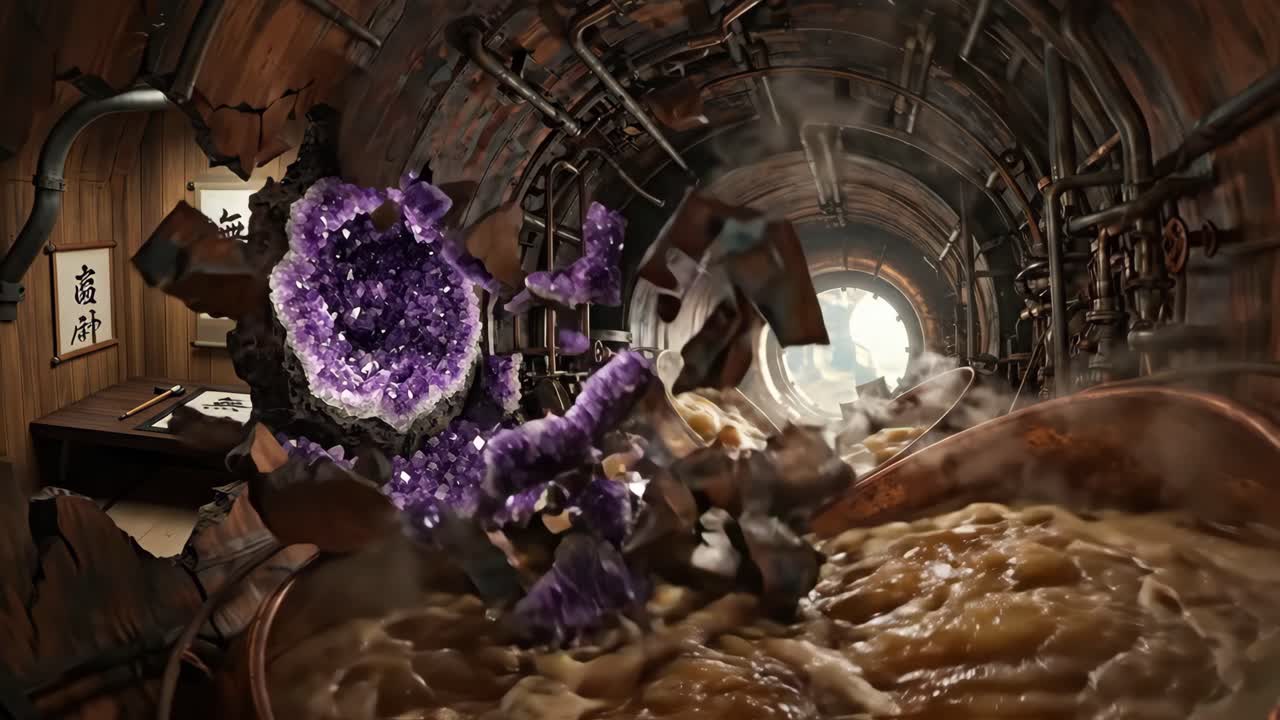 Geode di ametista si frantuma in liquido bollente in un tunnel steampunk