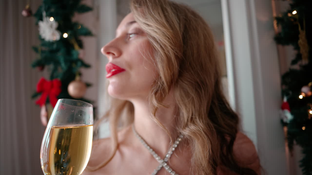 Woman in evening dress preparing for New Year's Eve party at home, drinking glass of white sparkling wine