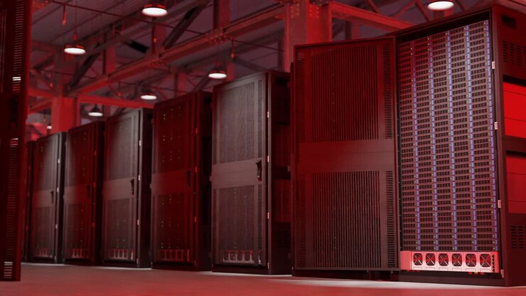 Blinking red light in warehouse with massive server farm - alarm bells