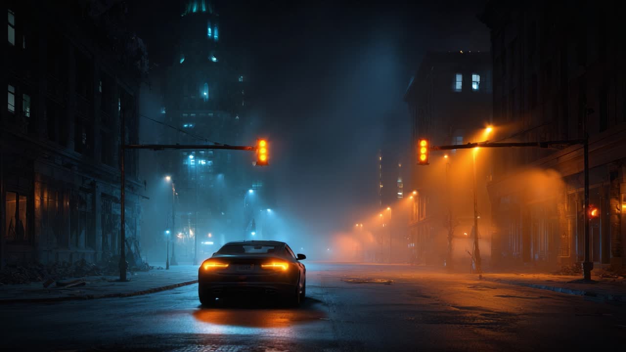 Un'auto solitaria parcheggiata a un incrocio in un paesaggio urbano nebbioso, illuminata dai lampioni, creando un'atmosfera notturna misteriosa e cinematografica.
