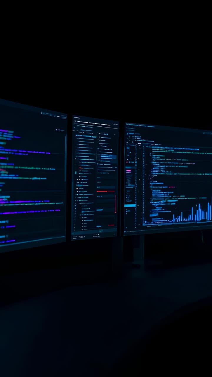 Vertical video: On start showing three screens scrolling code and files, updating graph at desk