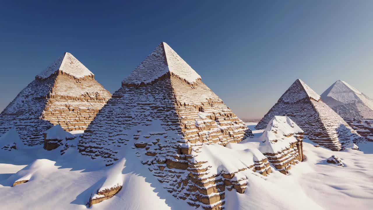 Aerial video view of snow-covered pyramids under a clear blue sky, showcasing a surreal blend