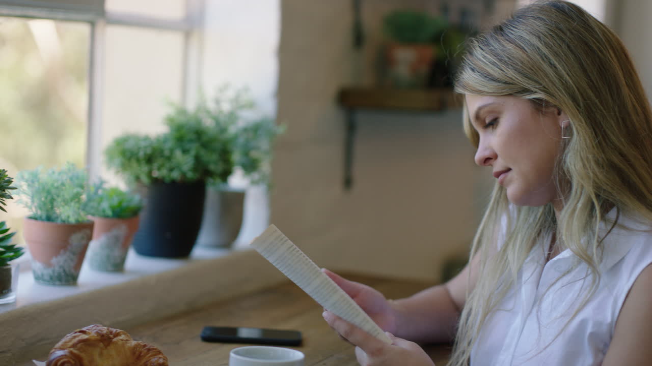 hermosa mujer leyendo un libro en una cafetería bebiendo café disfrutando de un relajado desayuno matutino en un restaurante de moda sonriendo feliz