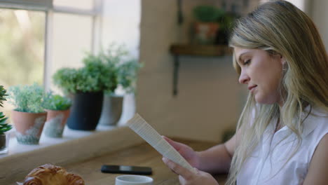 beautiful woman reading book in cafe drinking coffee enjoying relaxed morning breakfast in trendy restaurant smiling happy