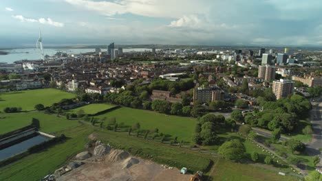 panorama of the cityscape of portsmouth on portsea island in hampshire county, south east england