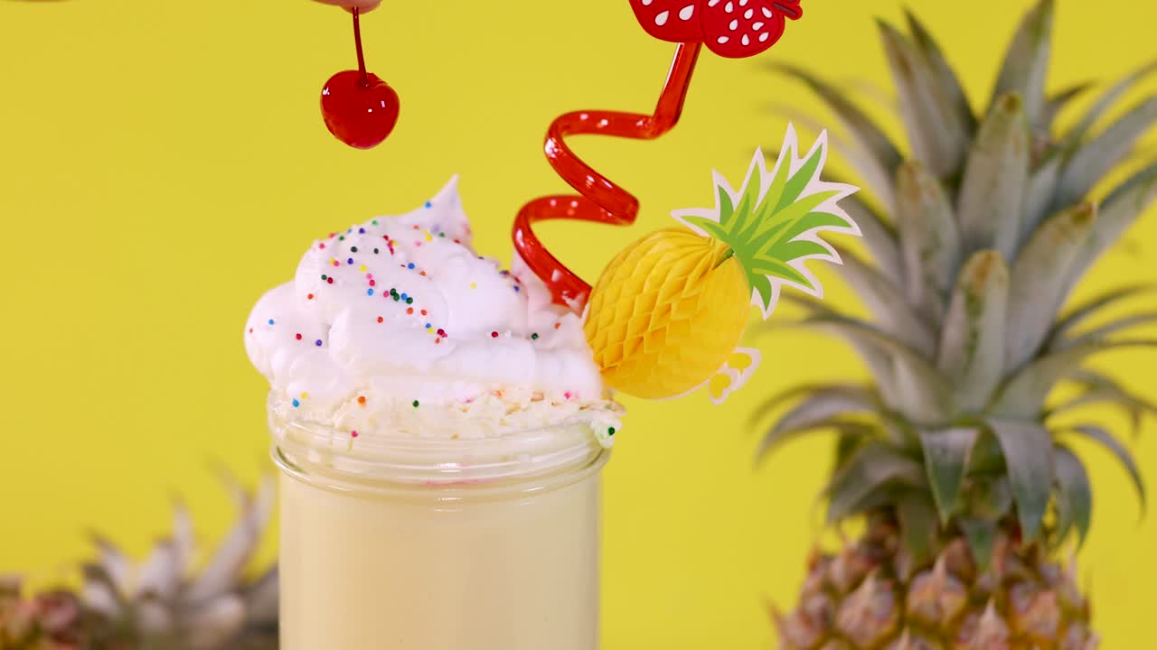 Hand places cherry on whipped cream-topped pineapple smoothie, bright yellow background, colorful party straw
