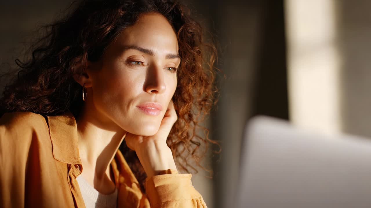 A Thoughtful Woman Contemplating at Her Desk with Soft Natural Light, Highlighting Emotions and Focused Introspection While Engaged with Her Laptop in a Cozy, Quiet Environment