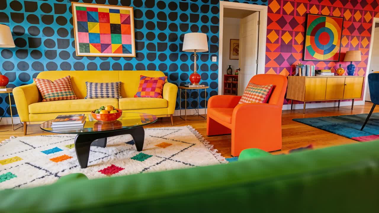 La caméra recule, révélant un salon coloré à la maison, montrant un canapé jaune et un fauteuil orange