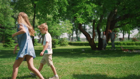 cheerful sister catch brother on picnic. children have activities on fresh air.