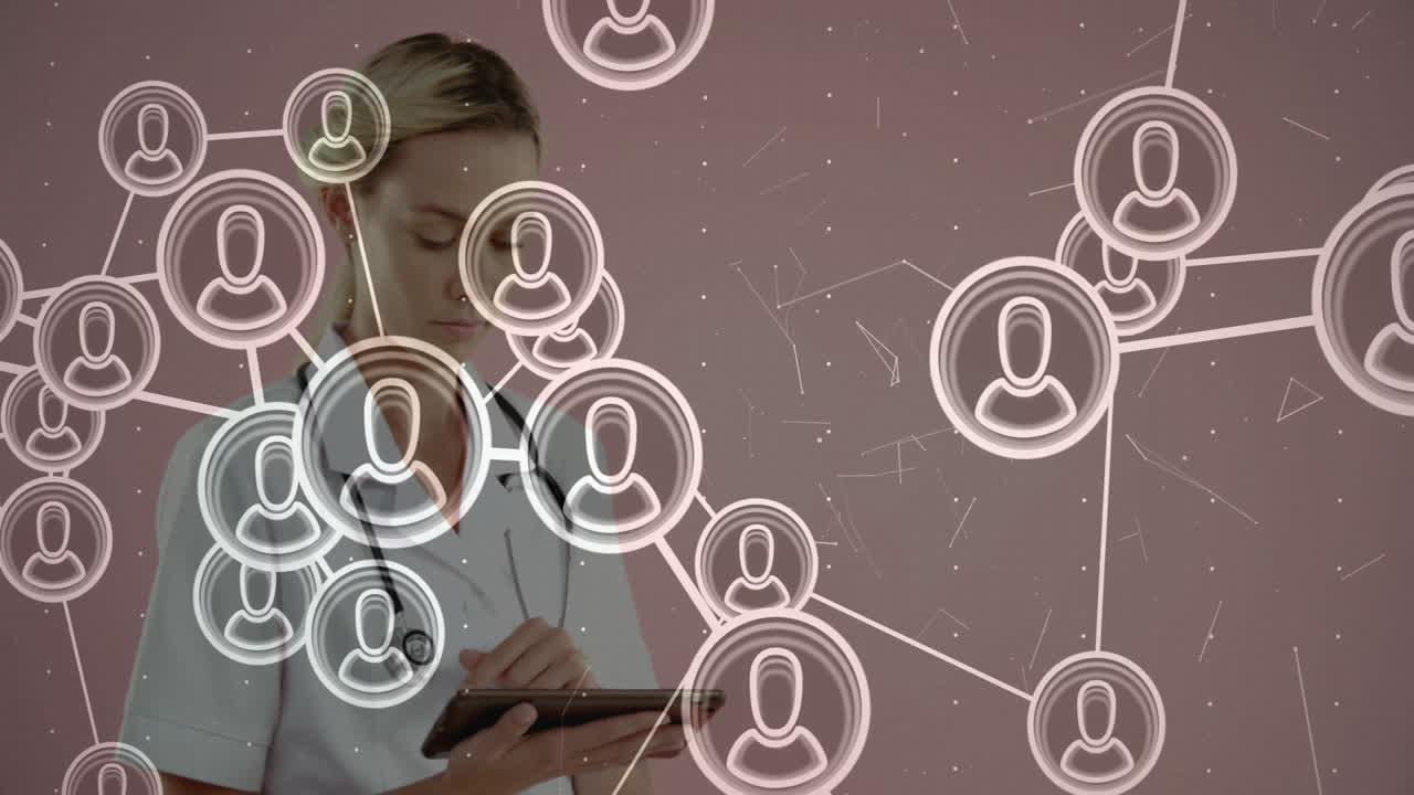 Stethoscope-wearing medical professional using tablet in clinic, showing live icon network overlay