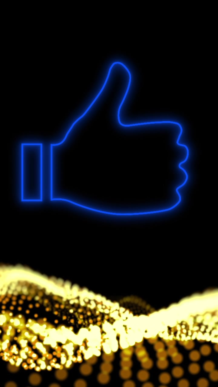 Animación de icono de 'me gusta' brillante en azul sobre onda digital en movimiento sobre fondo negro.