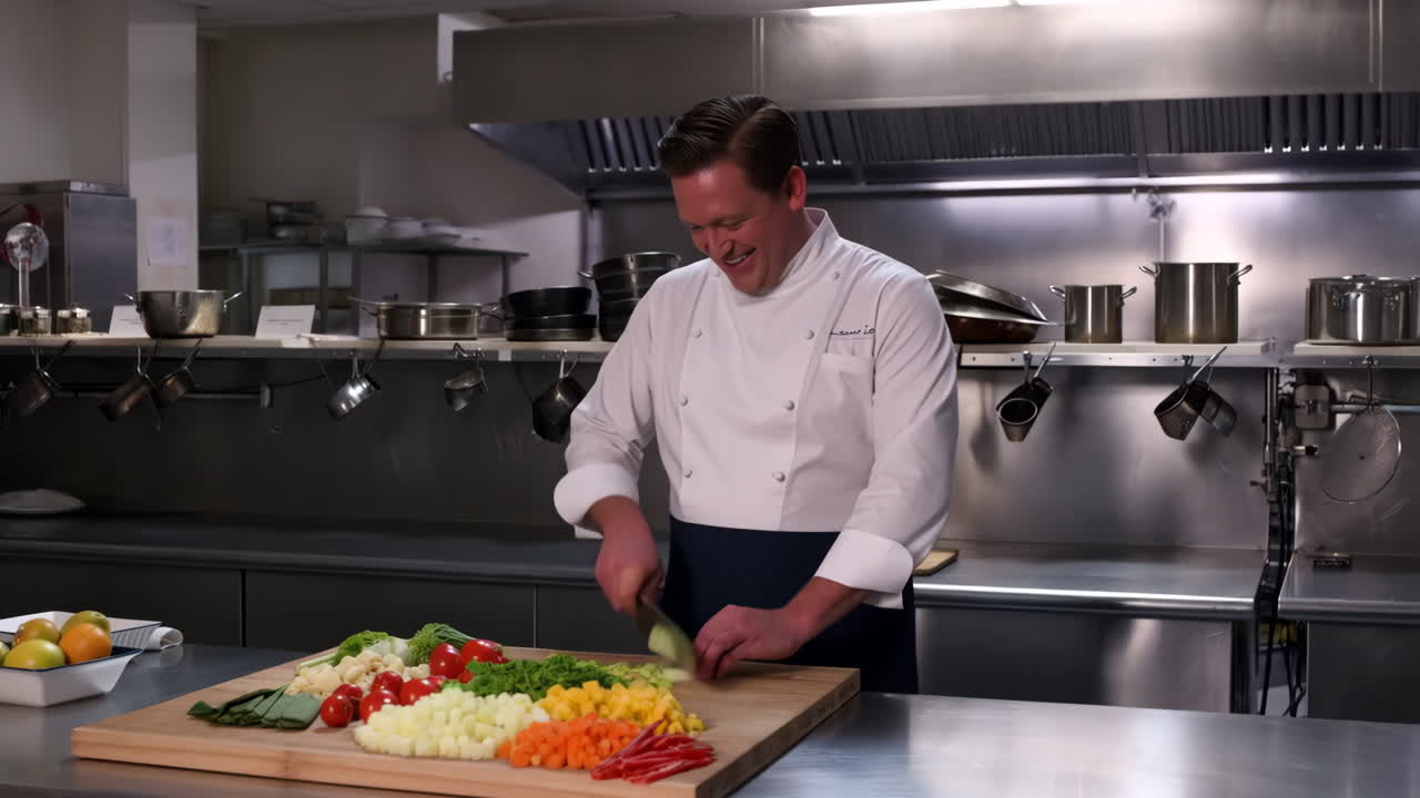 A chef smiles while chopping fresh vegetables in a professional kitchen