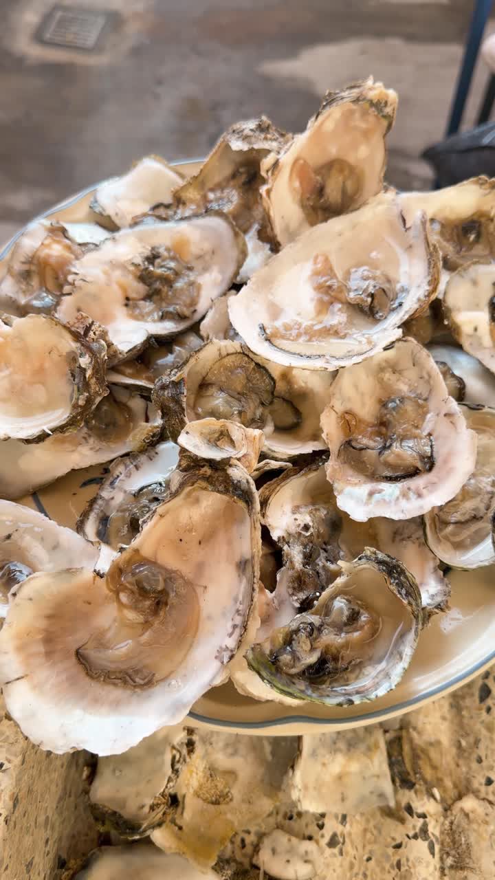 Fresh shucked oysters served on plate vertical view, raw seafood delicacy ready to eat at restaurant, gourmet shellfish appetizer rich in omega3 and healthy protein
