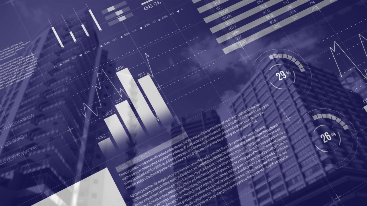 Animated Financial Data and Business Charts Over Modern City Skyscrapers