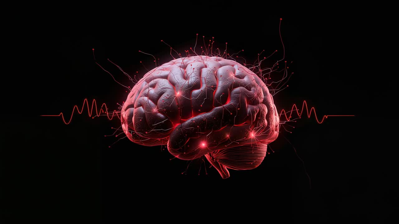 Pulsing 3D-brain lighting nodes in black void with red waveform syncing tendrils sparking
