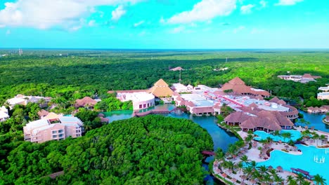 trs yucatan resort in tulum mexico sliding right drone shot of the hotel and the pools