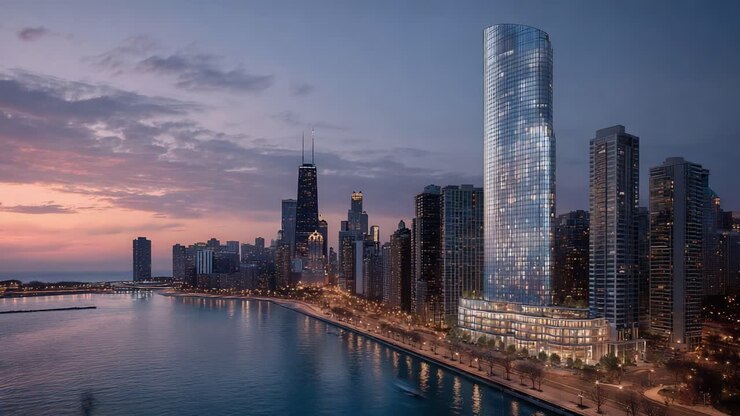 Uma paisagem urbana deslumbrante ao entardecer e à noite: vistas fascinantes da arquitetura moderna realçadas por luzes urbanas e reflexos na água