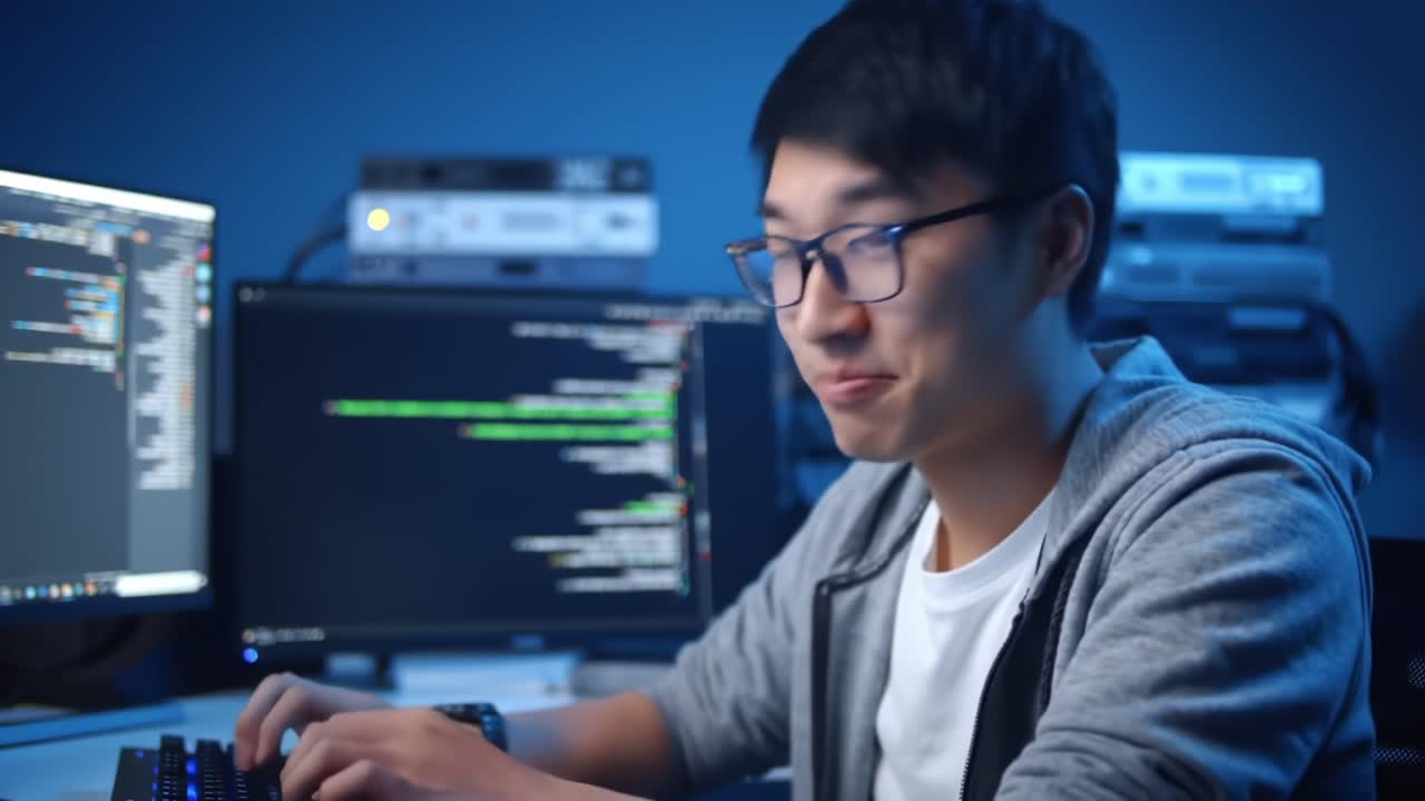 Focused Programmer Engaged in Coding at Night with Multiple Monitors Displaying Lines of Code, Executing Software Development Tasks in a Serene Workspace Environment