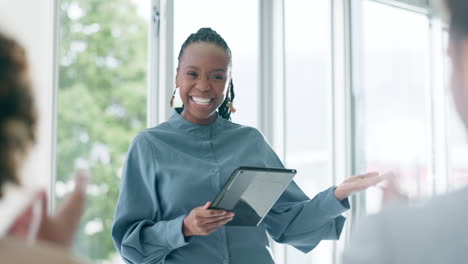 Business,-applause-and-black-woman-with-tablet