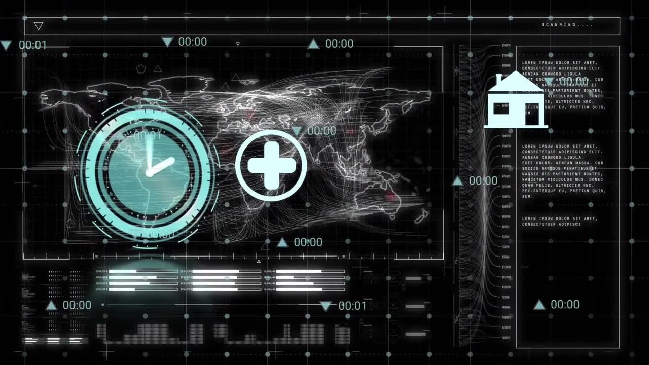 Animation of floating icons, digital clock, programming language, grid pattern over digital map