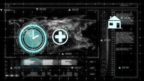 animación de iconos flotantes, reloj digital, lenguaje de programación, patrón de cuadrícula sobre mapa digital