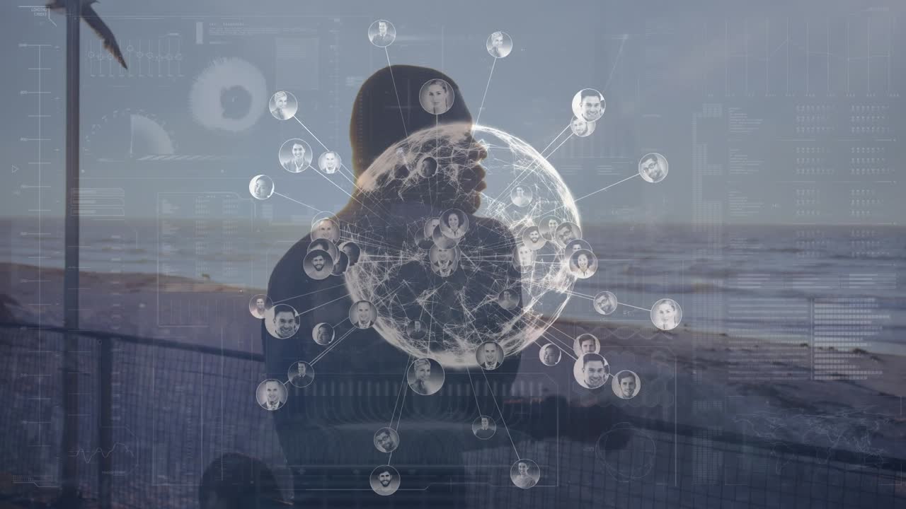 Animazione di globo ed elaborazione di dati su uomo afroamericano in forma che si allunga vicino alla spiaggia