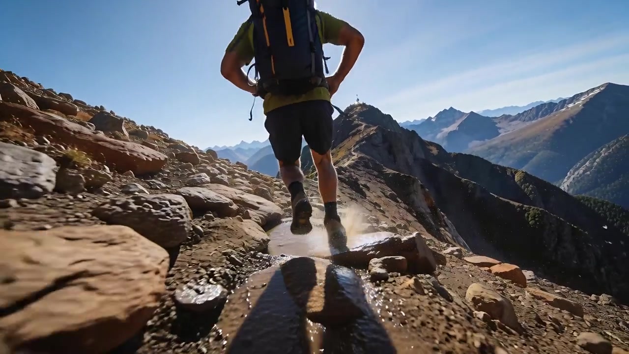 Escursionista che corre, vede la cima, si affretta lungo uno stretto crinale, calcia una pozzanghera, con maglietta verde e zaino blu.