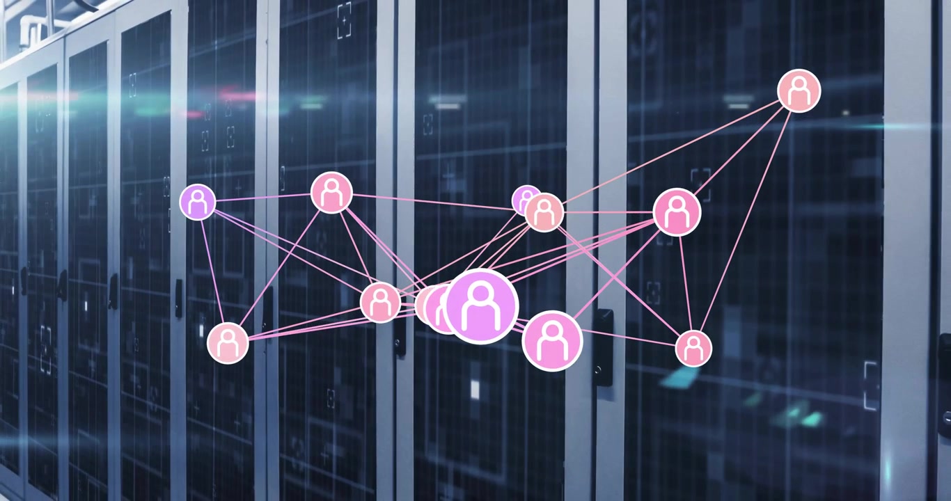 Primi nodi rosa appaiono a sinistra, avviando una rete web con un nodo centrale che pulsa sopra i rack dei server.