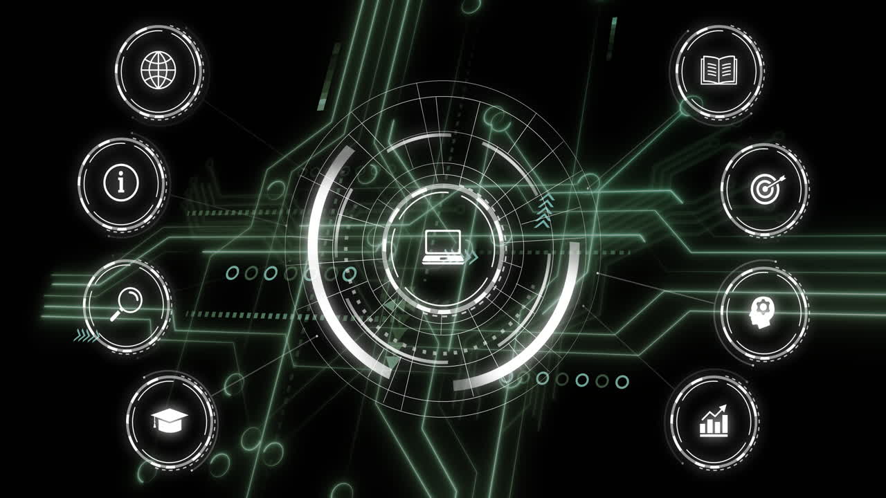 Laptop icon with digital interface and network connections animation