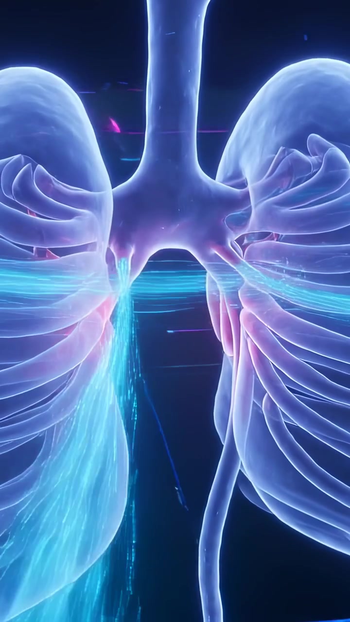 Vertical video: Animating airway showing cyan flow at right bronchus, visualizing airflow on screen
