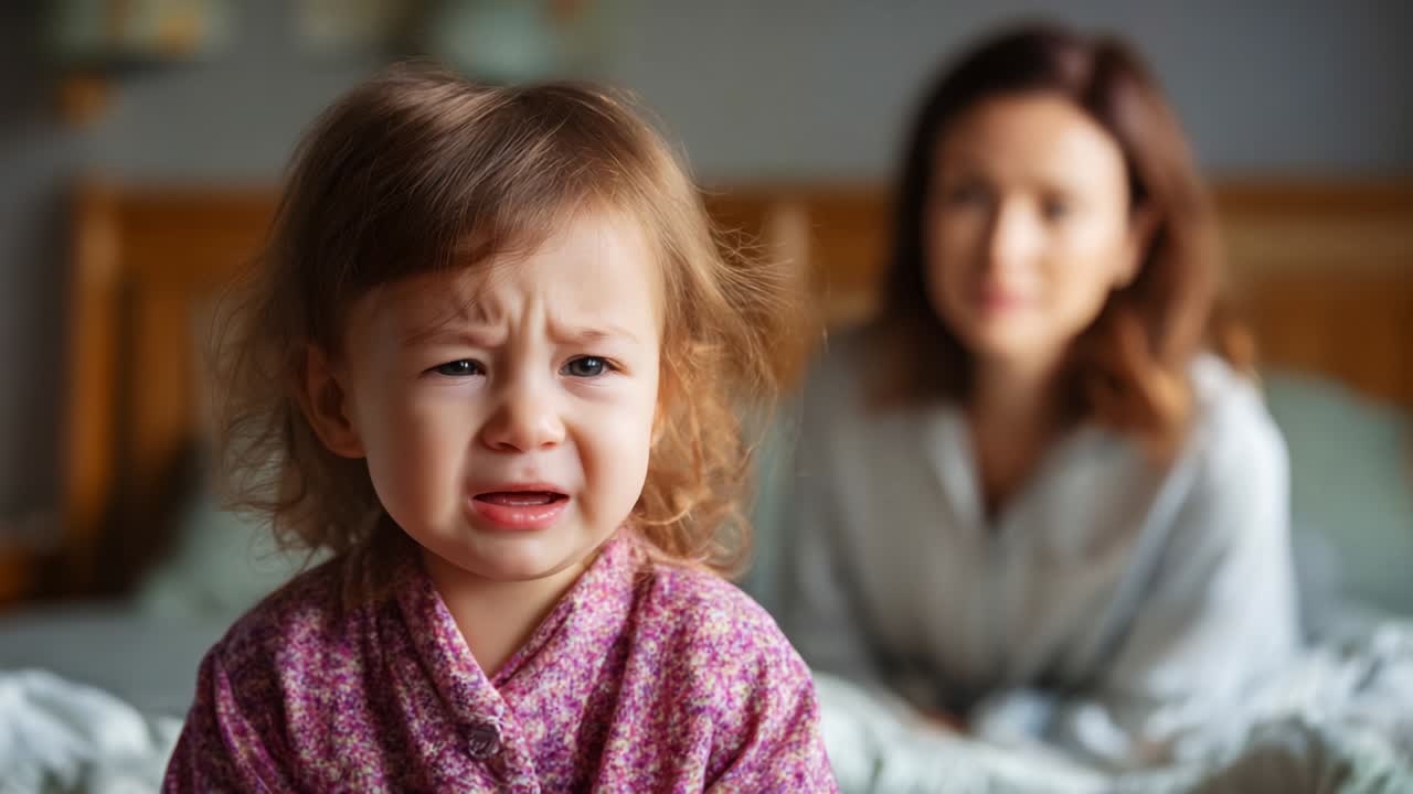 Un tenero momento catturato in un ambiente sereno, che mostra una bambina con le lacrime che le rigano il viso, che esprime tristezza mentre sua madre appare sullo sfondo, riflettendo un senso di preoccupazione e connessione emotiva.