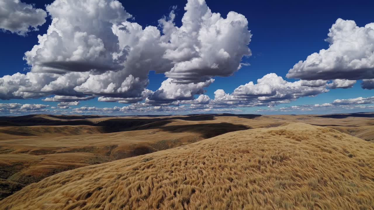 Golden prairie grasses covering rolling hills under a sunny sky, with cumulus clouds casting shadows on the ground, creating a serene landscape in Montana's vast wilderness