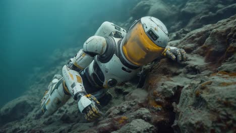 futuristic astronaut exploring a coral reef