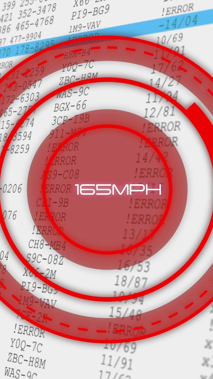 Animasi target merah di atas kode kesalahan dan data dengan teks 128MPH