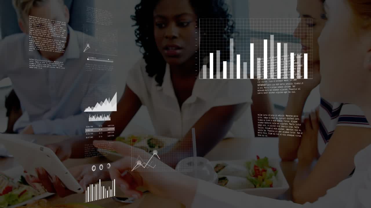 Rep tapping tablet overlaying business charts growing, fading as woman reaching team analyzing