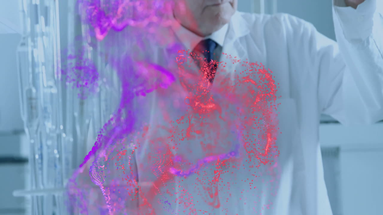 Senior scientist examining vial inside science lab, showing floating red purple molecular hologram