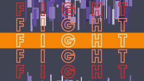 Animation of fight text repeated over shapes on black background