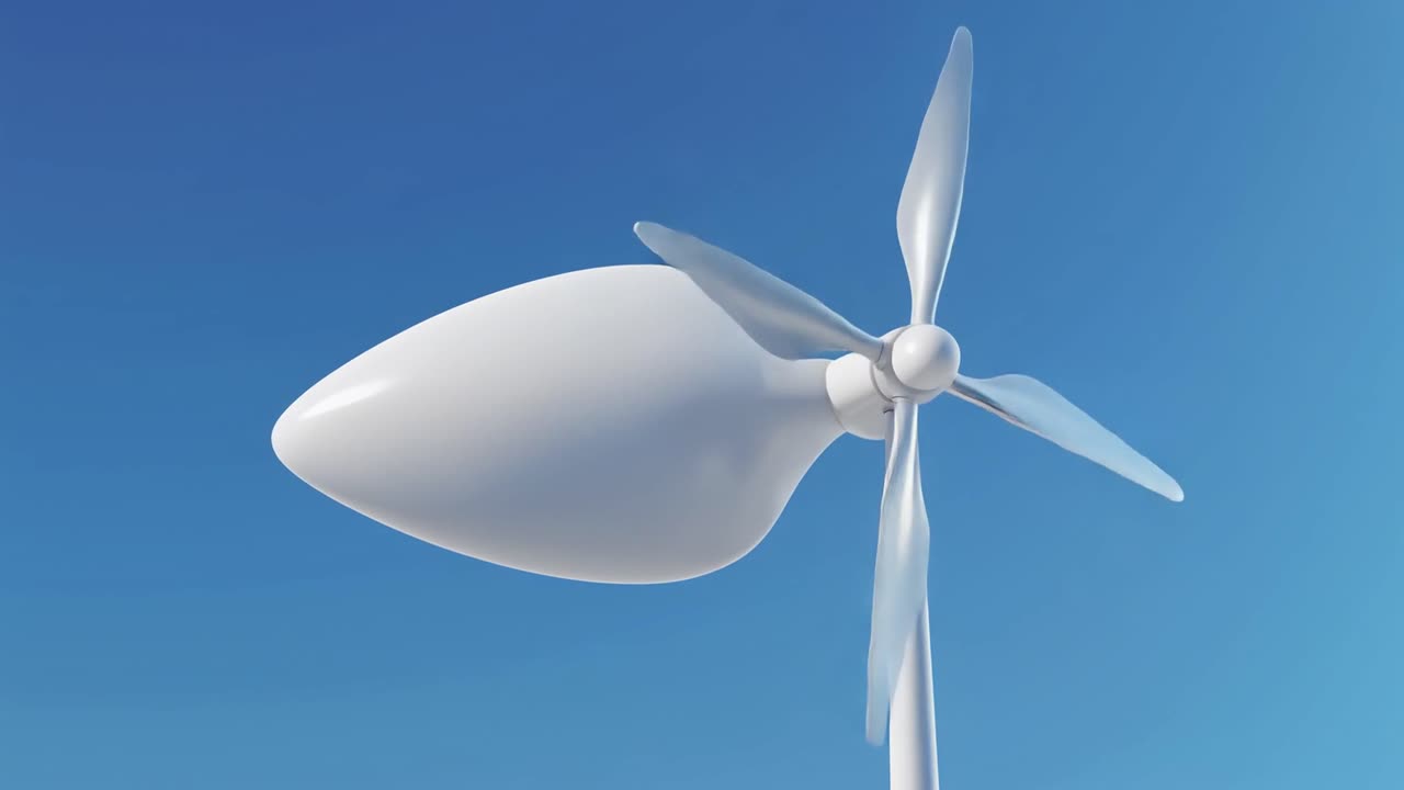 Aerogenerador blanco girando contra un cielo azul claro