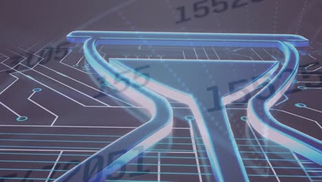 animación del icono del reloj de arena, números sobre la placa de circuitos de la computadora