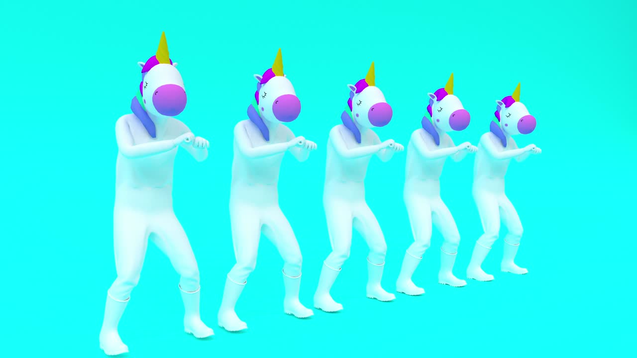 bailar unicornio divertido en grupo. bailar tonto. animación en bucle con máscara alfa animación 4k