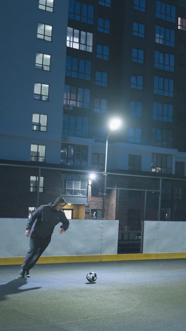 atleta patea una pelota de fútbol hacia la meta durante una intensa práctica nocturna en un campo deportivo urbano rodeado de altos edificios residenciales e iluminado por el azul vibrante del cielo nocturno y las luces de las calles