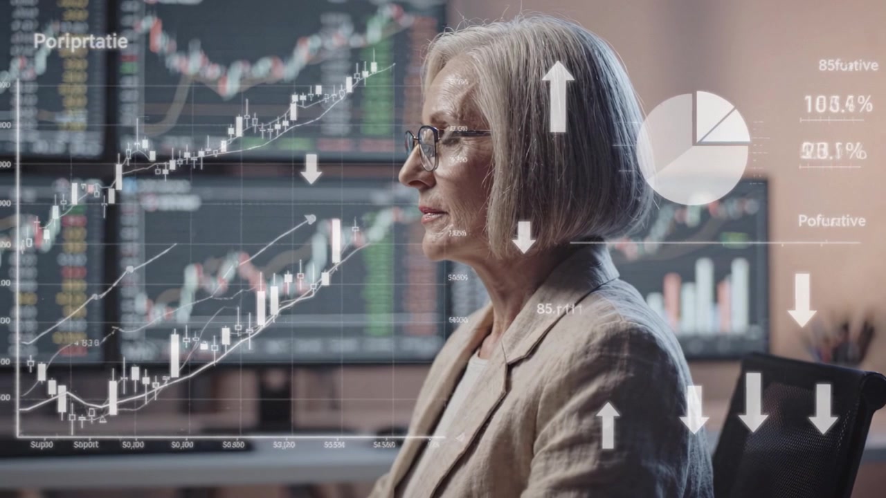 Fokuseret professionel analyserer finansielle data foran flere skærme, der viser markedstendenser, diagrammer og grafer i et moderne handelsmiljø.