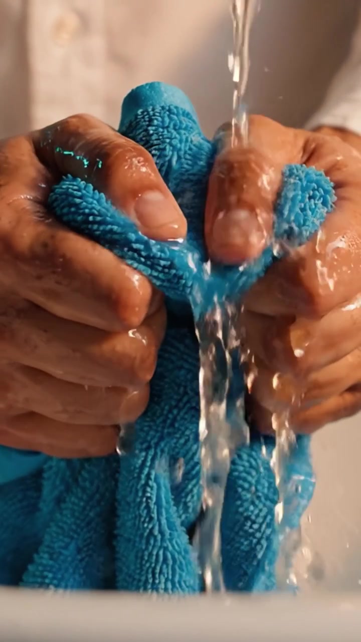 Un primo piano di mani che strizzano un asciugamano blu bagnato sotto l'acqua corrente, catturando la texture e il movimento dell'interazione tra acqua e tessuto nella vita quotidiana.