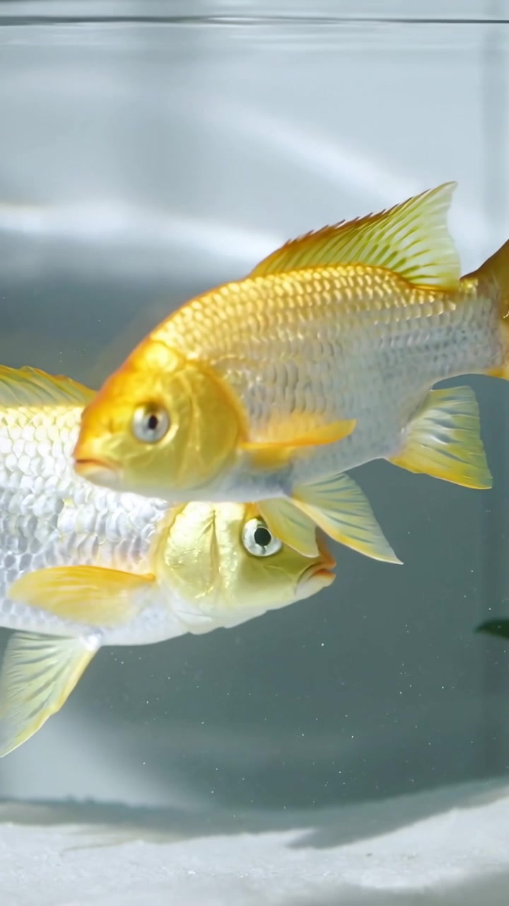 Vídeo vertical: Peixe dourado nadando trocando de posição depois que o peixe de cima avança em aquário transparente.
