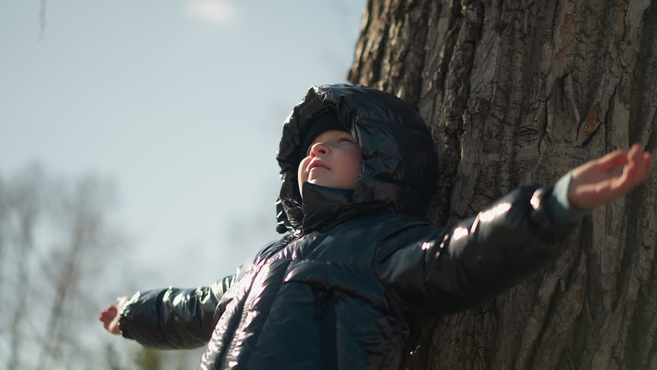 어린 소년은 큰 나무 줄기에 기대어, 그의 얼굴은 반사된 빛에 의해 조명된다. 팔을 펴고, 반이는 검은 재을 입고, 주변 나무의 흐릿한 시야와 함께