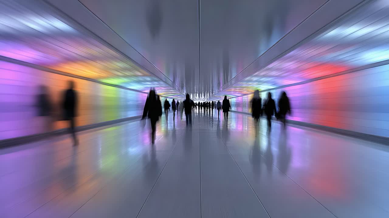 A Mysterious Journey Through a Vibrant Tunnel: Exploring the Ethereal Lights and Shadows of an Urban Passageway with Silhouetted Figures Creating a Sense of Depth and Movement