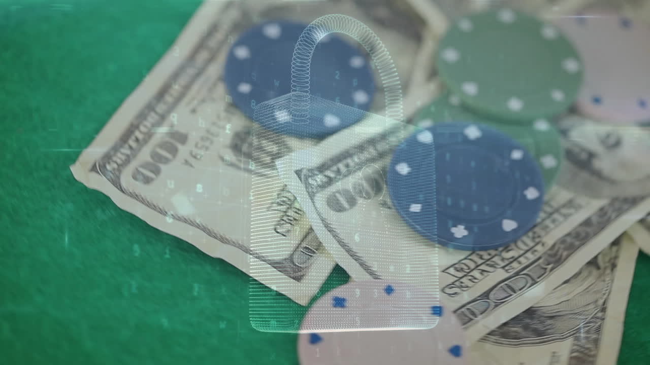 회전하는 달러 지폐와 토큰에 대한 연결 네트워크와 보안 잠금의 애니메이션