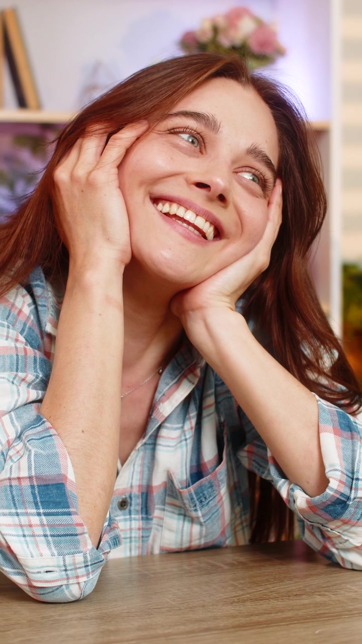 Giovane donna al tavolo di casa che sogna durante un riposo tranquillo, sorridendo con un'espressione serena e felice, in casa.
