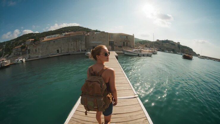 Eine Frau in Tanktop und Shorts mit braunem Rucksack betritt einen Pier und geht auf Boote zu, um den Hafen zu erkunden