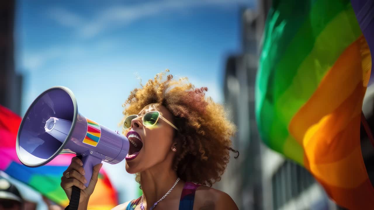 Vídeo filmado em ângulo baixo de uma pessoa com um megafone, com uma vibrante bandeira arco-íris ao fundo